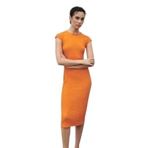 Zara Orange Fitted Texture Midi Dress (S)
